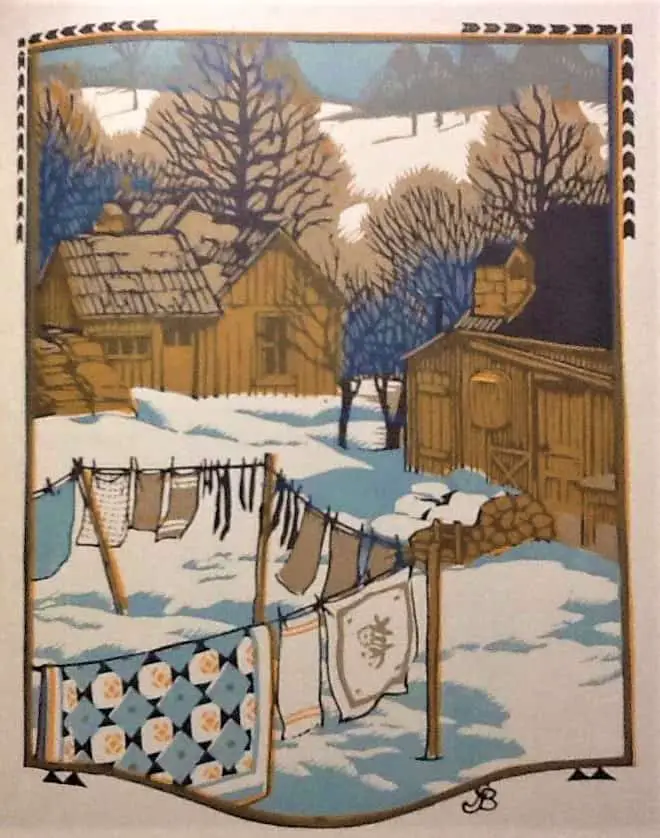 Wood block print by Brown County artist, Gustave Baumann, 1912 'November'. Illustration for "All The Year Round" by James Whitcomb Riley. Washing on the line.