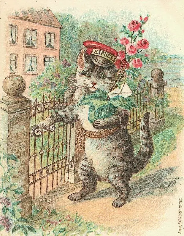 vintage Valentine with an express delivery cat post