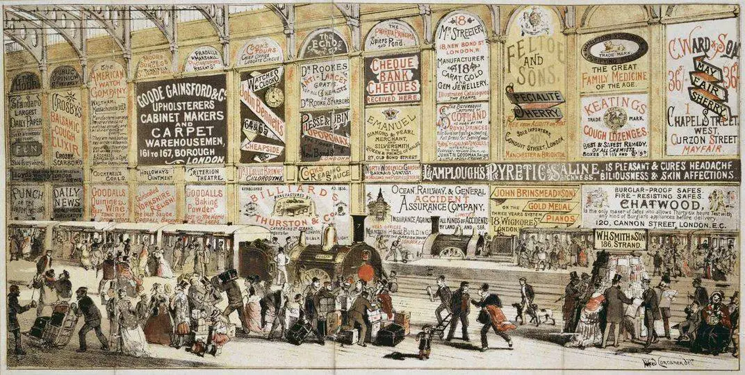 An early illustration showing the proliferation of advertising posters targeting rail passengers. C 1852