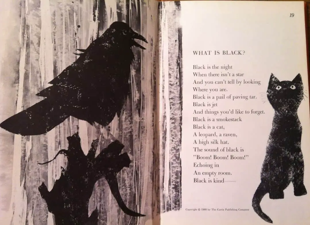 From 'Hailstones and Halibut Bones' by Mary O'Neill (1961) Leonard Weisgard illustration what is black