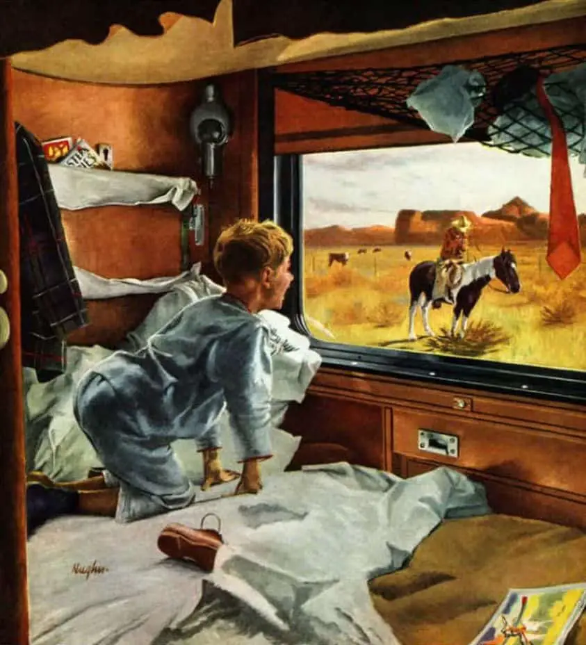 George Hughes (1907-1990) original art for 'Train Window on the West,' Oil on canvas, Saturday Evening Post, July 24, 1954 cover