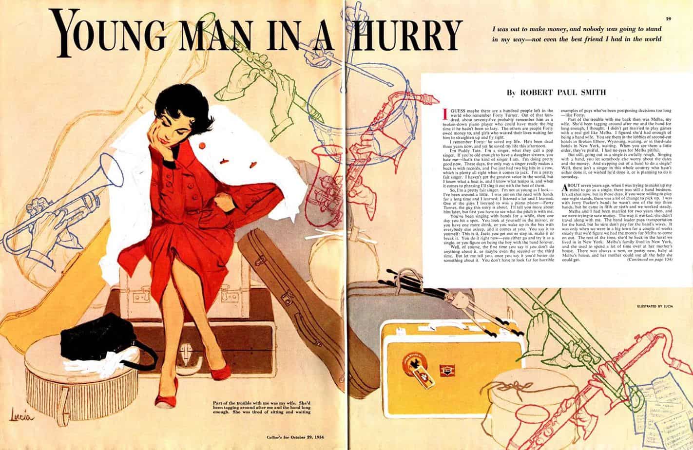 Lucia Larner (1916 - 2000s) Collier's magazine October 1954, suitcases