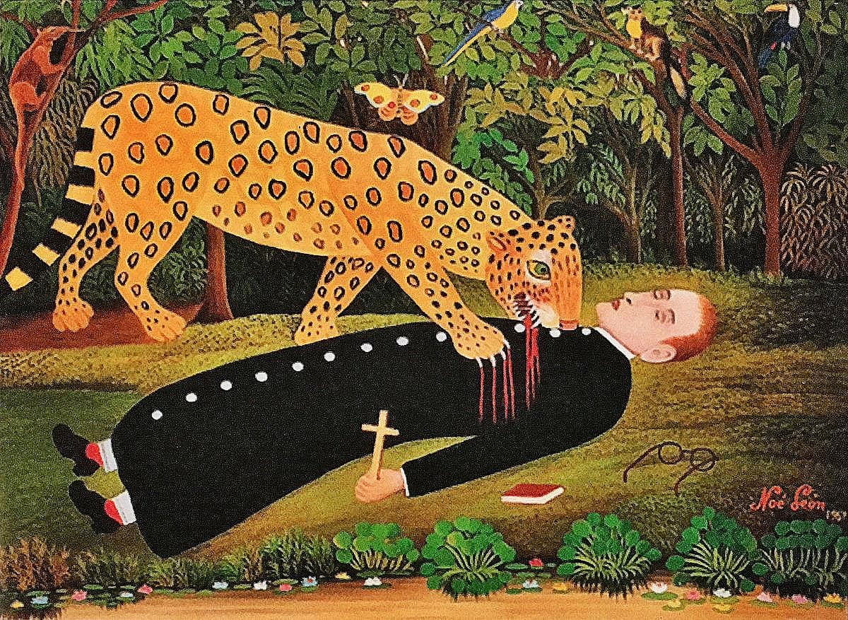 Missionary being eaten by jaguar by Noé León, 1907