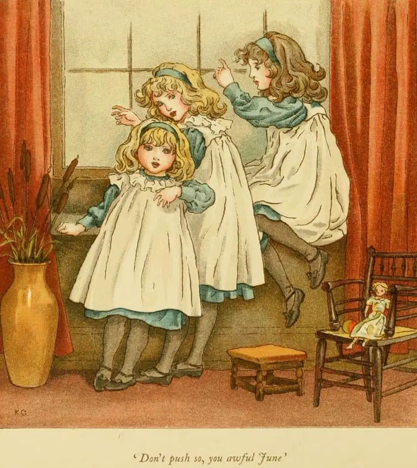 Three little girls called April, May, and June. Kate Greenaway. 1900. (German. Countess Elizabeth's daughters were named April, May and June, drawn by Kate Greenaway