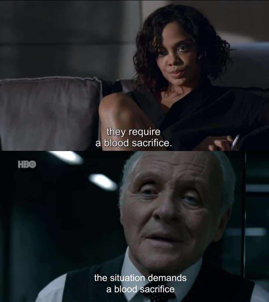 Modern storytellers still love a good blood sacrifice plot. This is from Westworld.