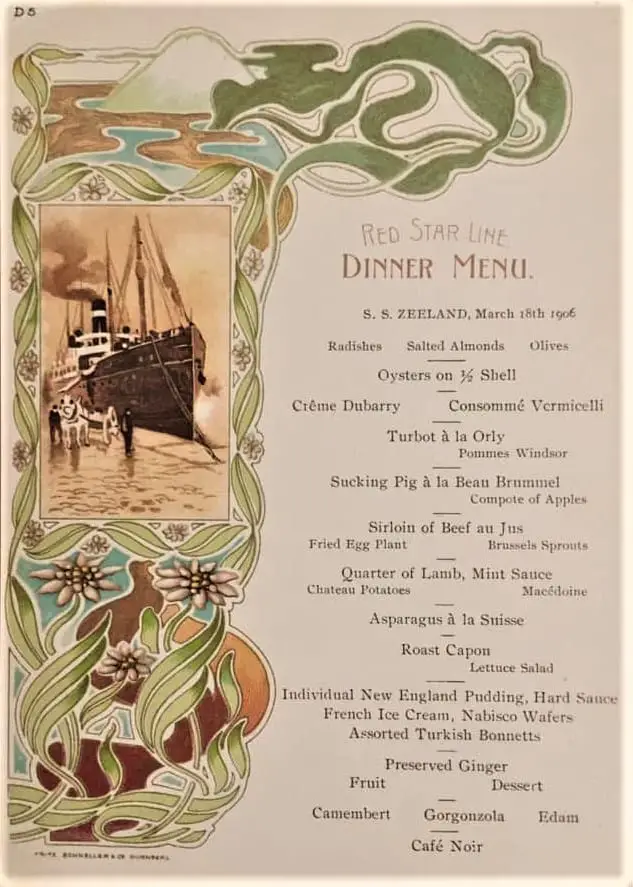 Art nouveau dinner menu from the Red Star Line’s S.S. Zeeland on March 18th, 1906 art nouveau