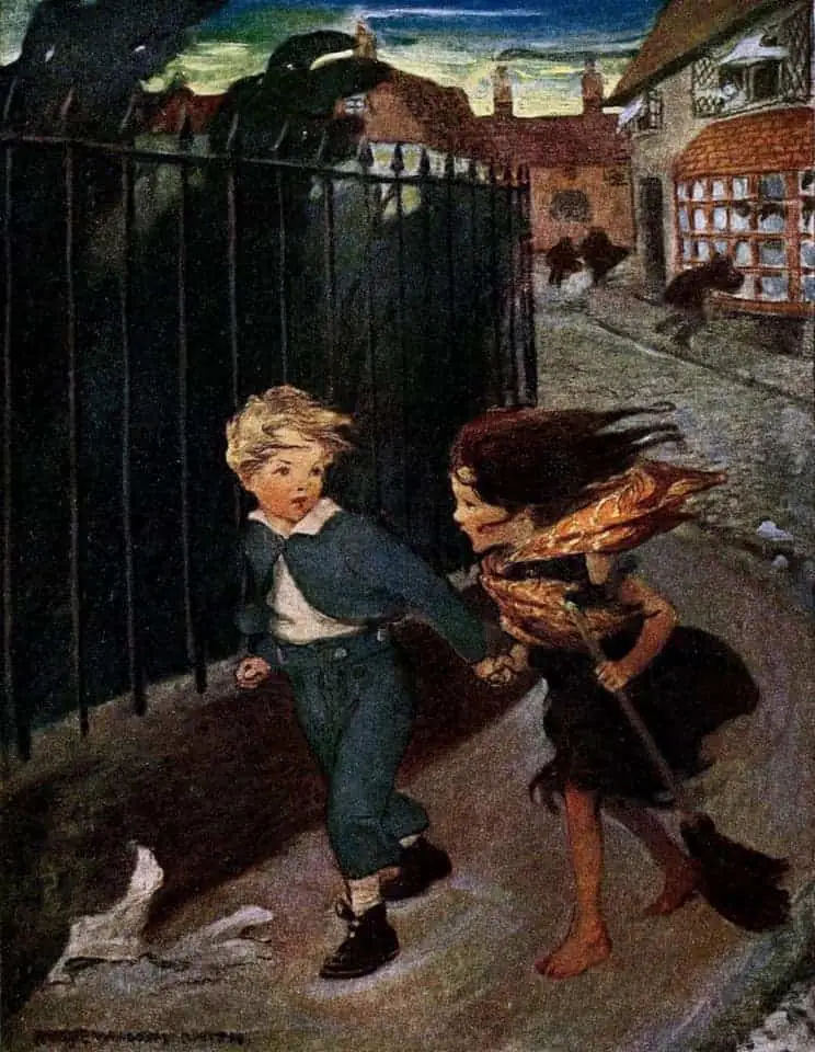 Boy and Girl Running Hand-in-Hand – Jessie Willcox Smith Illustration 1919 from At The Back of the North Wind by George MacDonald