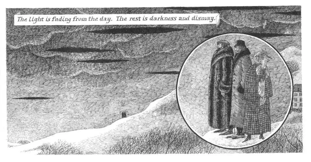 From 'The Iron Tonic Or a Winter Afternoon in Lonely Valley' written and illustrated by Edward Gorey. First published 1969 darkness