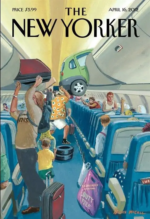 New Yorker Cover cars in overhead locker plane