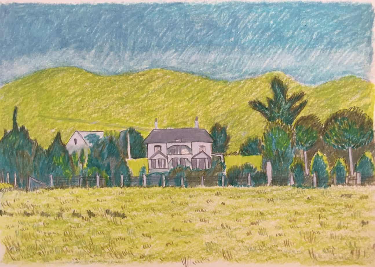 Coloured pencil sketch of Chesney World on Karori World, home of Katherine Mansfield 1893-1898 based on 1900 photograph