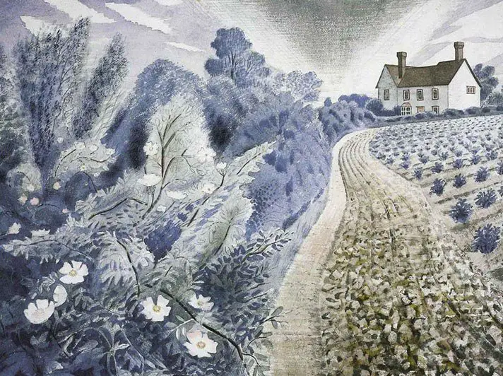 Farm House and Field, Eric Ravilious, 1941. It depicts Ironbridge Farm, Shalford, Essex