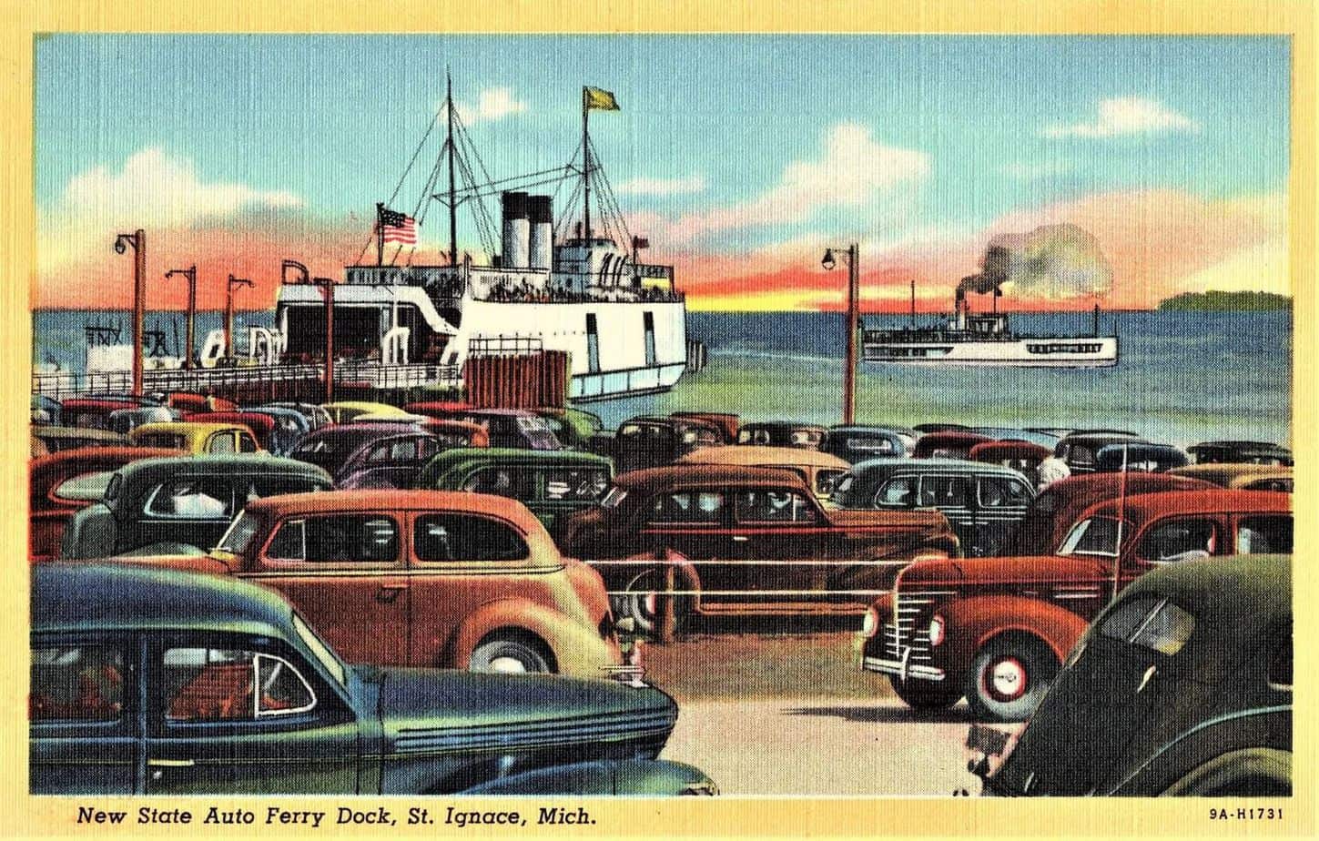 Postcard showing New State Auto Ferry Dock, St. Ignace, Michigan in 1939