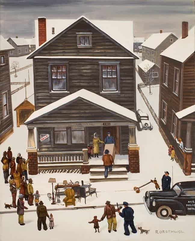 The Eviction (1946) Oil painting by Akron painter and tire factory worker Ray Grathwol (1900-1992)