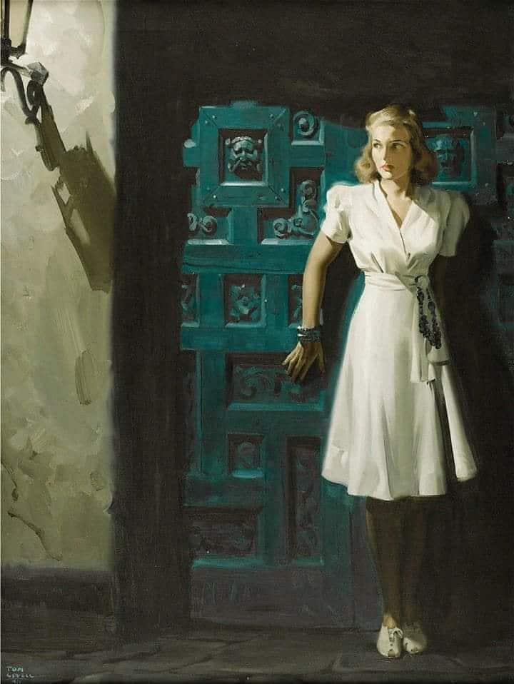 Tom Lovell Panama Threat, illustration for story in Woman's Home Companion 1941 blue door