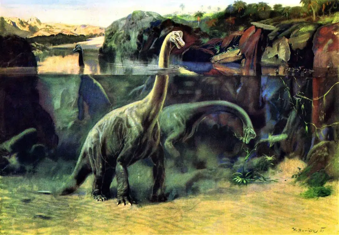 Zdeněk Burian (1905 - 1981) 1956 illustration for "Prehistoric Animals" by Josef Augusta, although it was originally painted in 1941 and has been used for countless publications. It is now considered highly unlikely that Brachiosaurus could have inhaled in deep water.