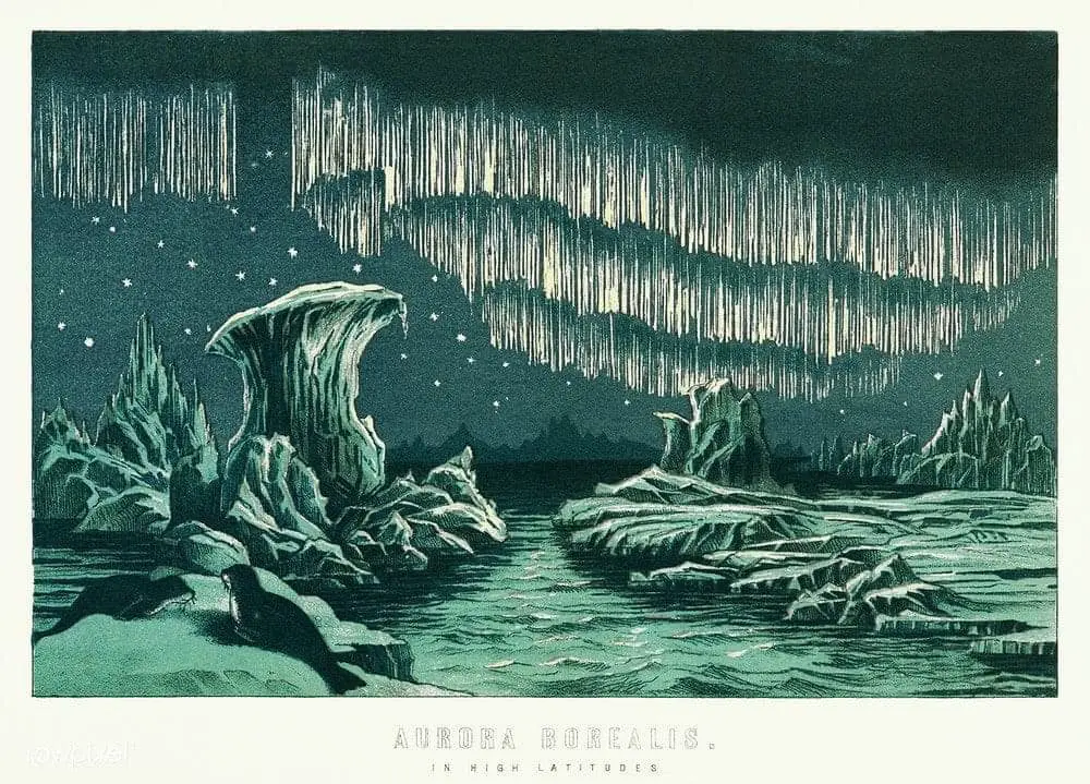 Aurora Borealis in High Latitudes. from the book William MacKenzie’s National Encyclopedia (1891), a colored illustration of the beautiful polar lights in the night sky