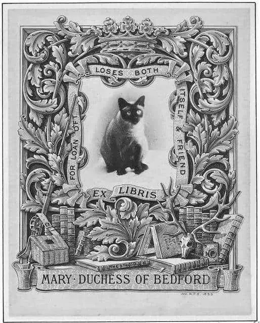 Bookplate of Mary Duchess of Bedford, in the collection of Daniel Fearing. Designed by W.P. Barret in 1899