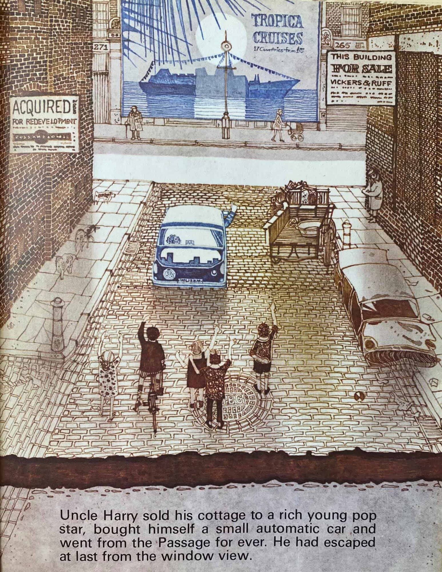 Charles Keeping illustration for 1974 book Railway Passage. High angle shot of children waving goodbye to man in a small automatic car