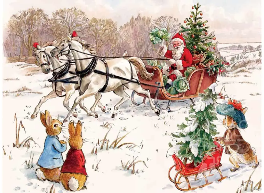 Beatrix Potter illustrated this snowy scene of Santa and his sleigh with rabbits looking on
