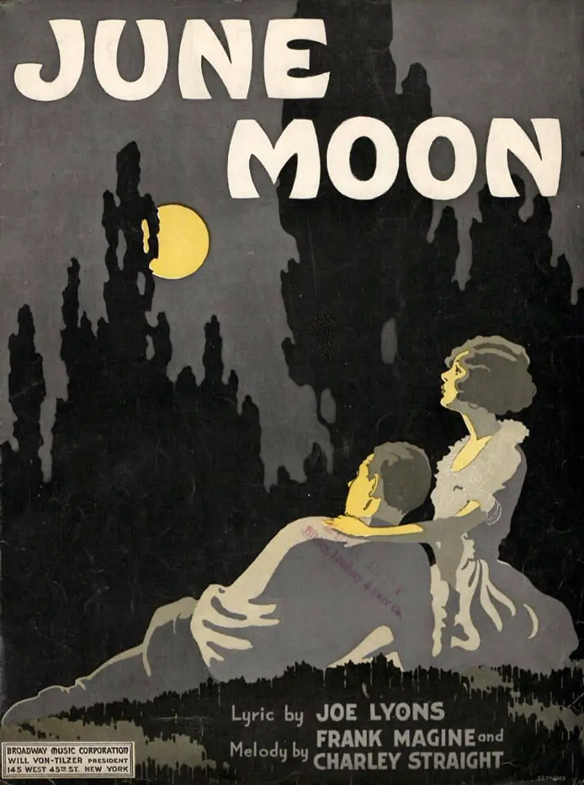 Mostly greyscale June Moon poster from Broadway Music Corporation of woman and man looking up at yellow moon
