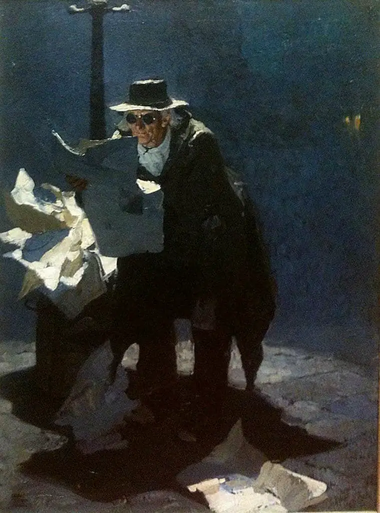 A Dean Cornwell illustration of an old man wearing sunglasses at night