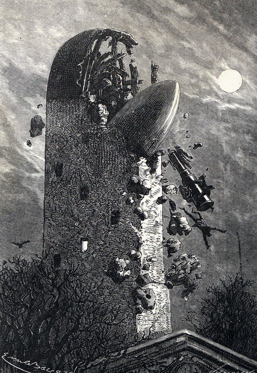 A Rocket pokes out of a tower after a crash