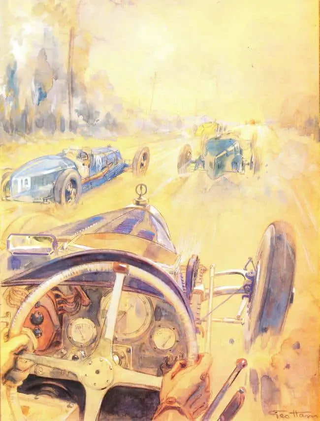 Geo Ham (Georges Hamel, 1900-1972) 1928, a Bugatti in a race. Even artists make decisions about whether to draw from first or third person perspectives.