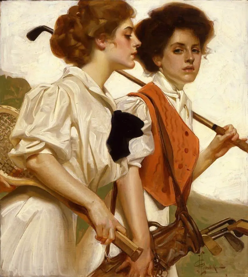 Joseph Christian Leyendecker Girls with Golf Clubs and Tennis Racquet, ca. 1920