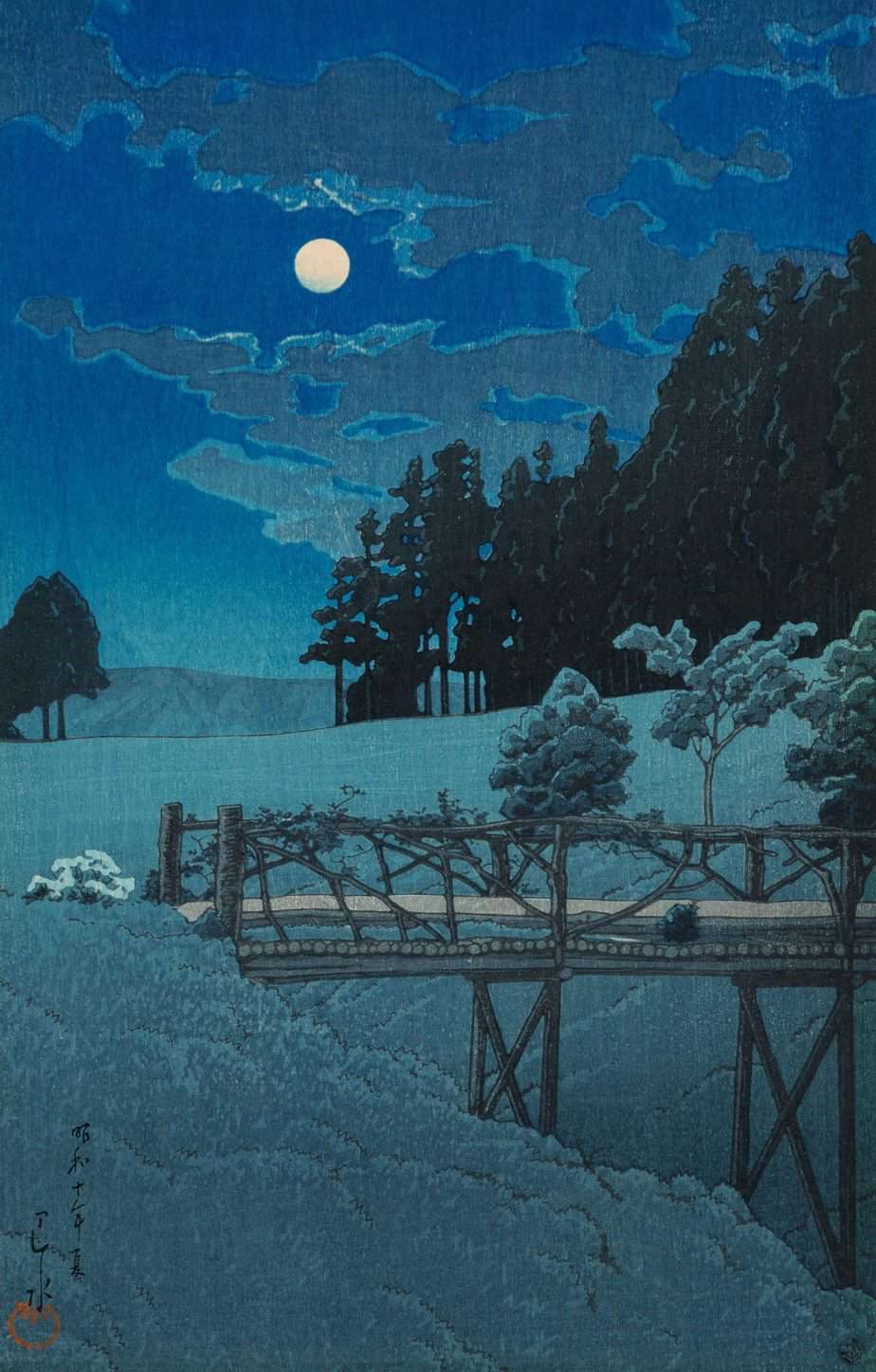 Kawase Hasui illustration of moon at night behind wooden bridge with dominant colour of blue