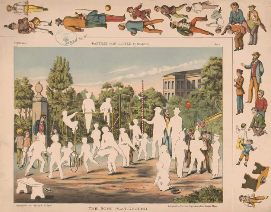 Pastime for little fingers. The boys' play-ground c1881 playground cut out paper dolls