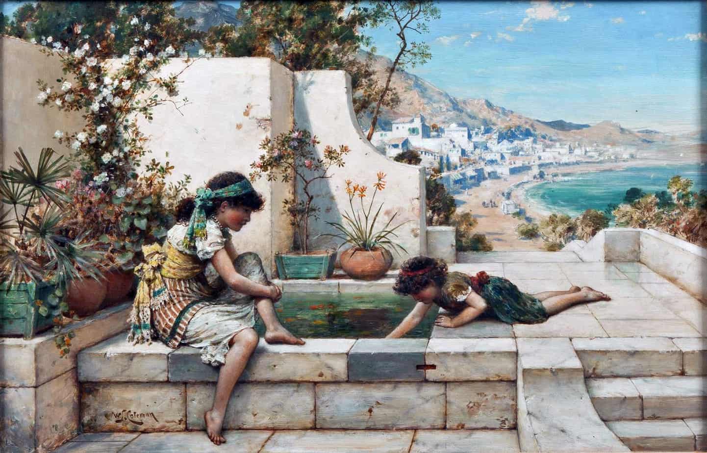 William Stephen Coleman - Summer Reflections (1939). Depicts two young girls sitting and playing in the water of a lily pond in a garden at a villa, against a landscape background of a coastal city. Possibly located on the Mediterranean Sea.