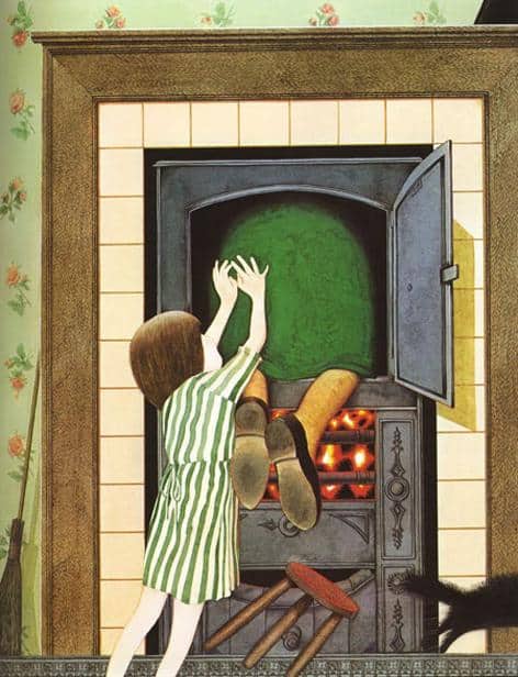 Anthony Browne Hansel and Gretel pushing witch into oven