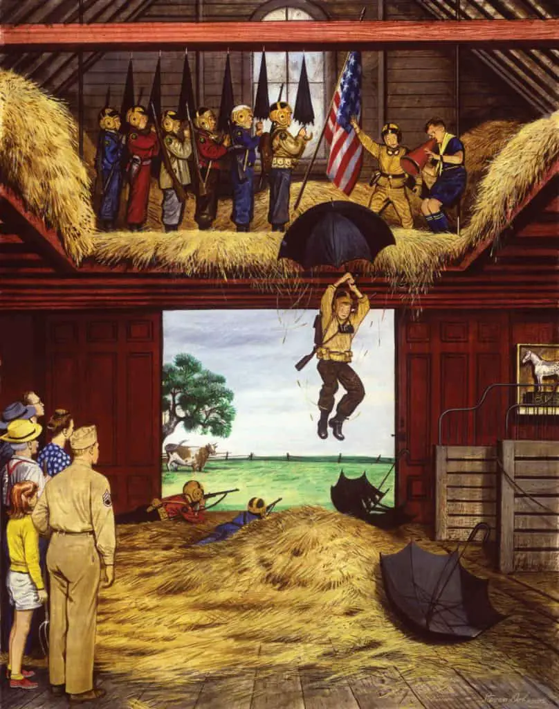  Kids Practising Parachuting in Hay Loft by  Steven Dohanos