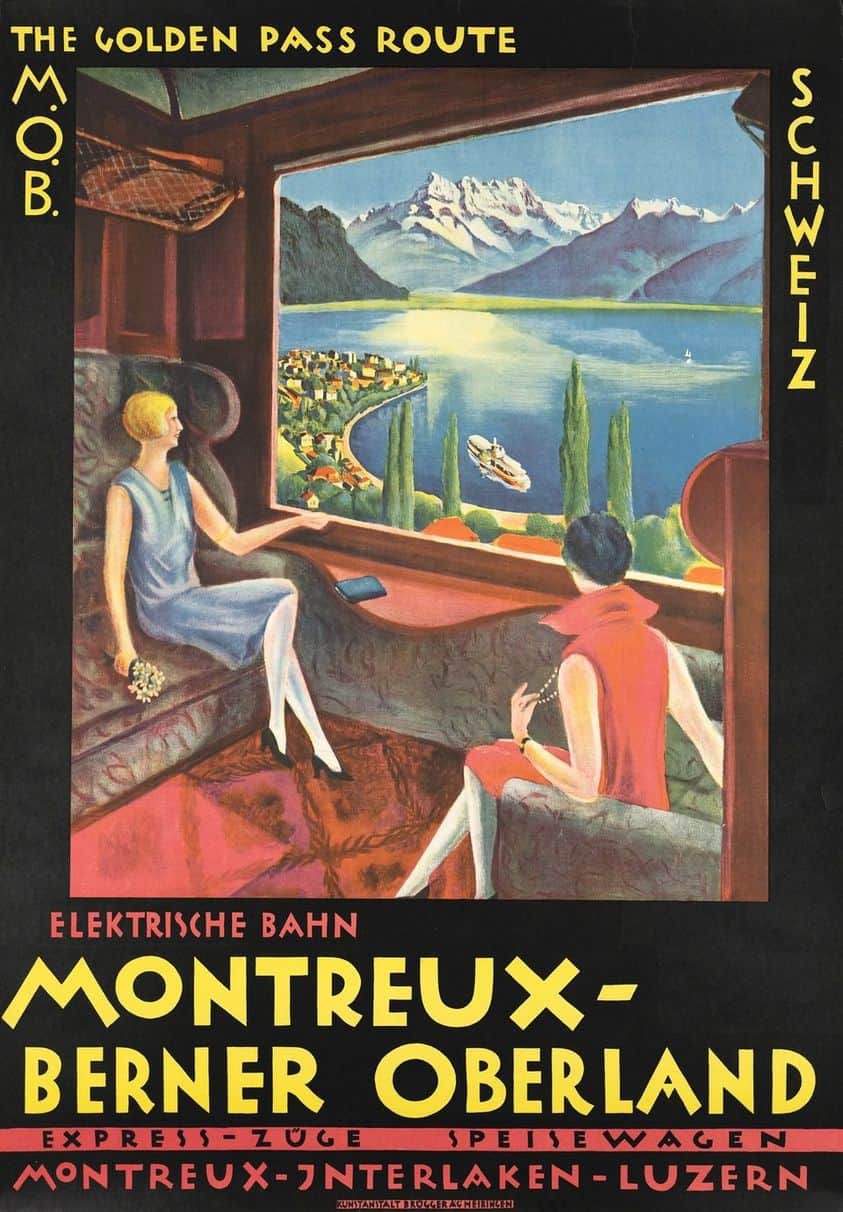 Montreux-Bernese Oberland Railway art deco poster 1922, Lake Geneva out the window and the Dents du Midi mountains