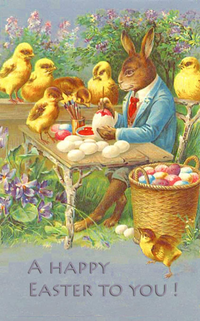 Vintage Easter card featuring Mr. Bunny painting eggs