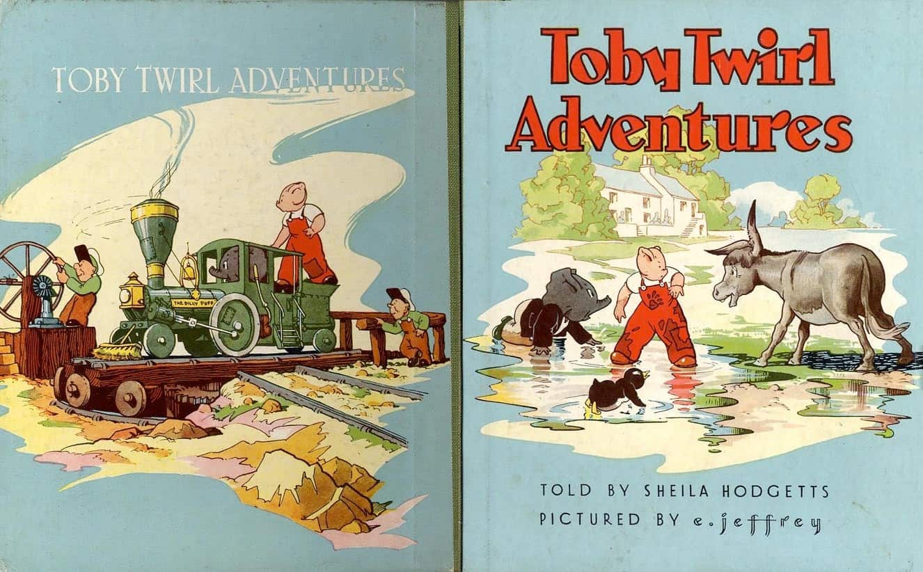 Toby Twirl books was illustrated by British artist Edward Jeffrey from Durham, 1898 -1978 pig, donkey, elephant and train