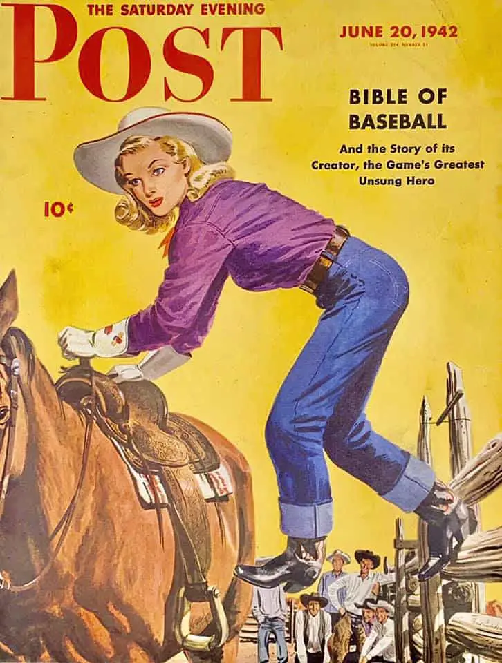 1942 Saturday Evening Post Cover, Woman Rider at Dude Ranch by Fred Ludekens