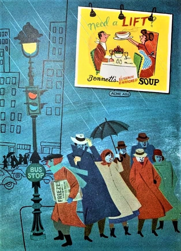 A group of cold people huddle together near a bus stop, hit by wind and rain. An inset illustration shows a wife serving hot soup to a man already returned from work.
