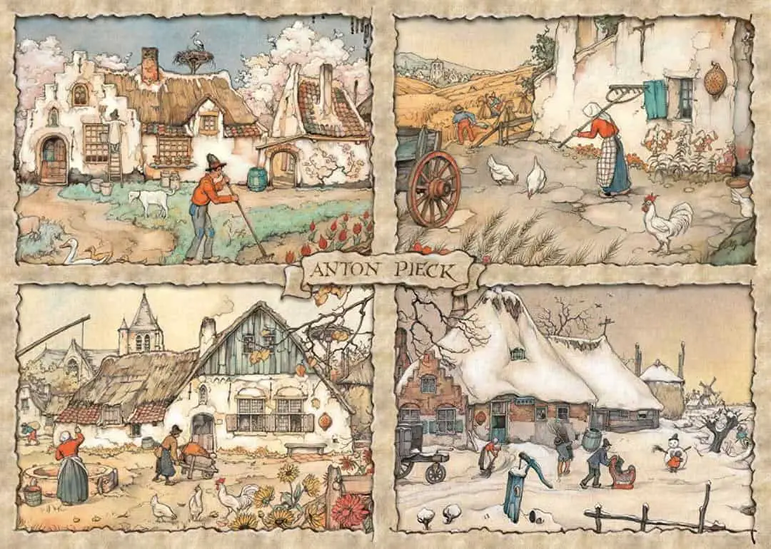Anton Pieck's illustrations for the four seasons in the Netherlands wheel on the chimney