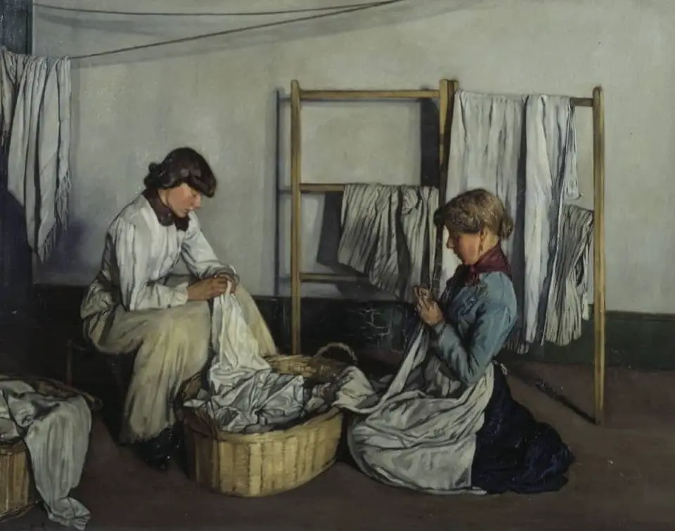 Arthur Rutherston, Laundry Girls, 1906. The women are marking laundry with thread before it is sent out to be professionally cleaned.