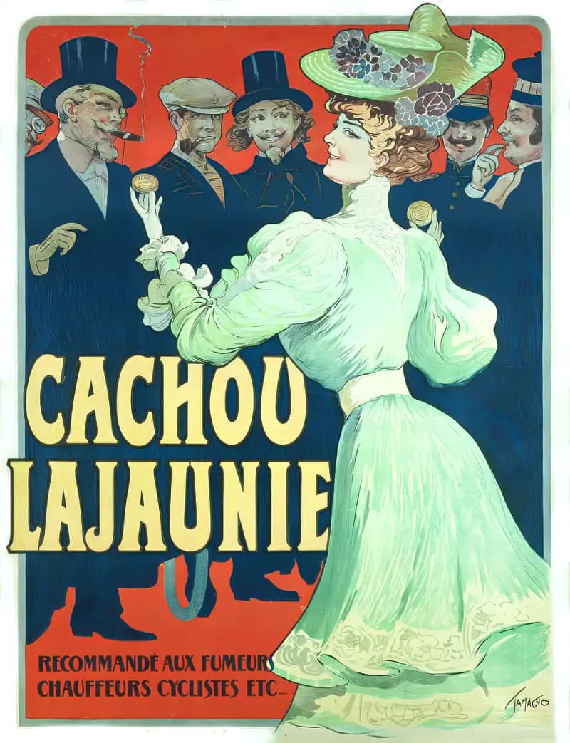 Cachou Lajaunie. Recommended for smokers, drivers, cyclists, 1890. Drawing by Francisco Nicolas Tamagno. What are these things, biscuits? Even other products were helping to sell cigarettes. Come to the other side, where all the dangerous and fun people hang out.