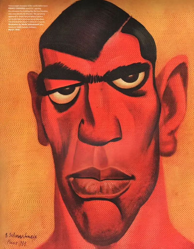 Caricature of heavyweight champion Primo Carnera, 'The Ambling Alp' for a 1934 issue of Vanity Fair