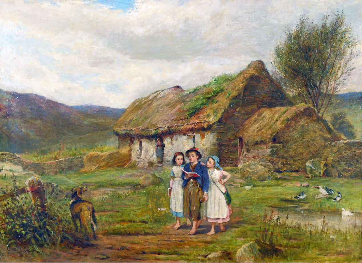 Carlton Alfred Smith - Three Children and a Dog Beside a Scottish Croft 1878