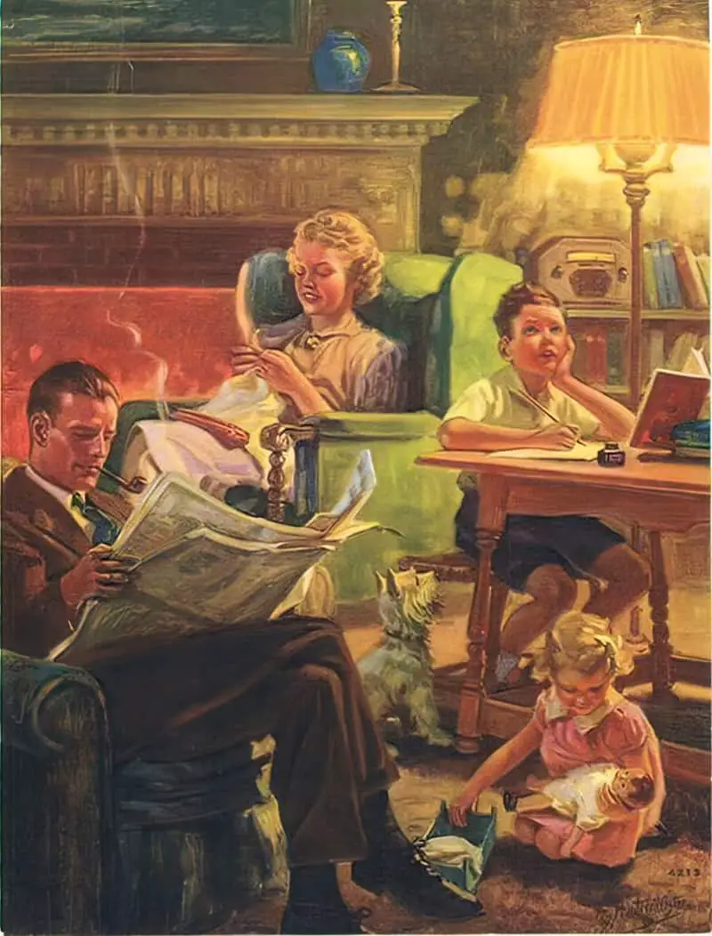 Good Evening- Calendar Art by Henry Hintermeister (American,1897 - 1972). This image is peak 1950s gender roles. The pipe, the necktie and the newspaper go with the father. The mother sews happily. The girl plays with a doll while the boy is too distracted to be focusing on boring book work. 
