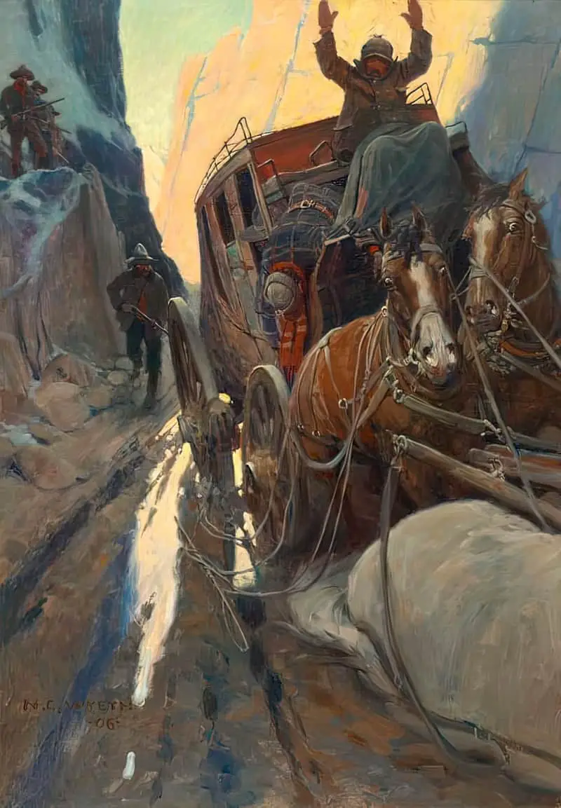 Hands Up! aka Holdup in the Canyon. illustration by N.C. Wyeth (1906) for 'The Story of Montana' in McClure's Magazine by C.P. Connolly