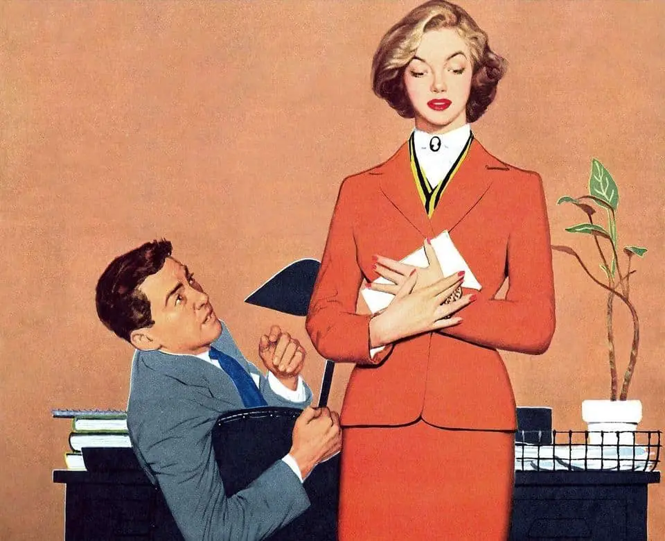 Harry Zelinski Illustration for the story “You Have To Be In The Mood” by Elizabeth Troy in Woman Magazine, 1953. A man leans back in his desk chair and looks up at an attractive woman holding a letter to her chest.