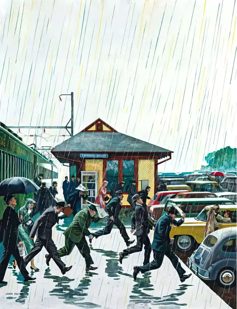 John Phillip Falter (American, 1910-1982) Commuters in the Rain 1961