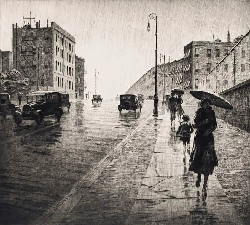 Martin Lewis (1881 - 1962) 1931 illustration Rainy Day In Queens