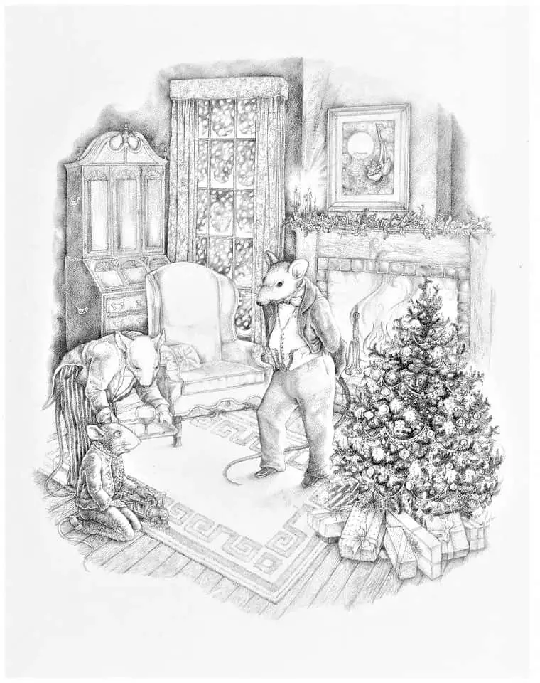 Mayling Mack Holm (b. ca. 1940), At the Rat Household, 1976, illustration for A Forest Christmas ballpoint pen on paper