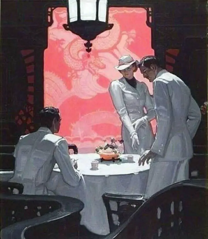 Mead Schaeffer (1898 - 1980). A woman and two men, all in white suits, are in a restaurant. 